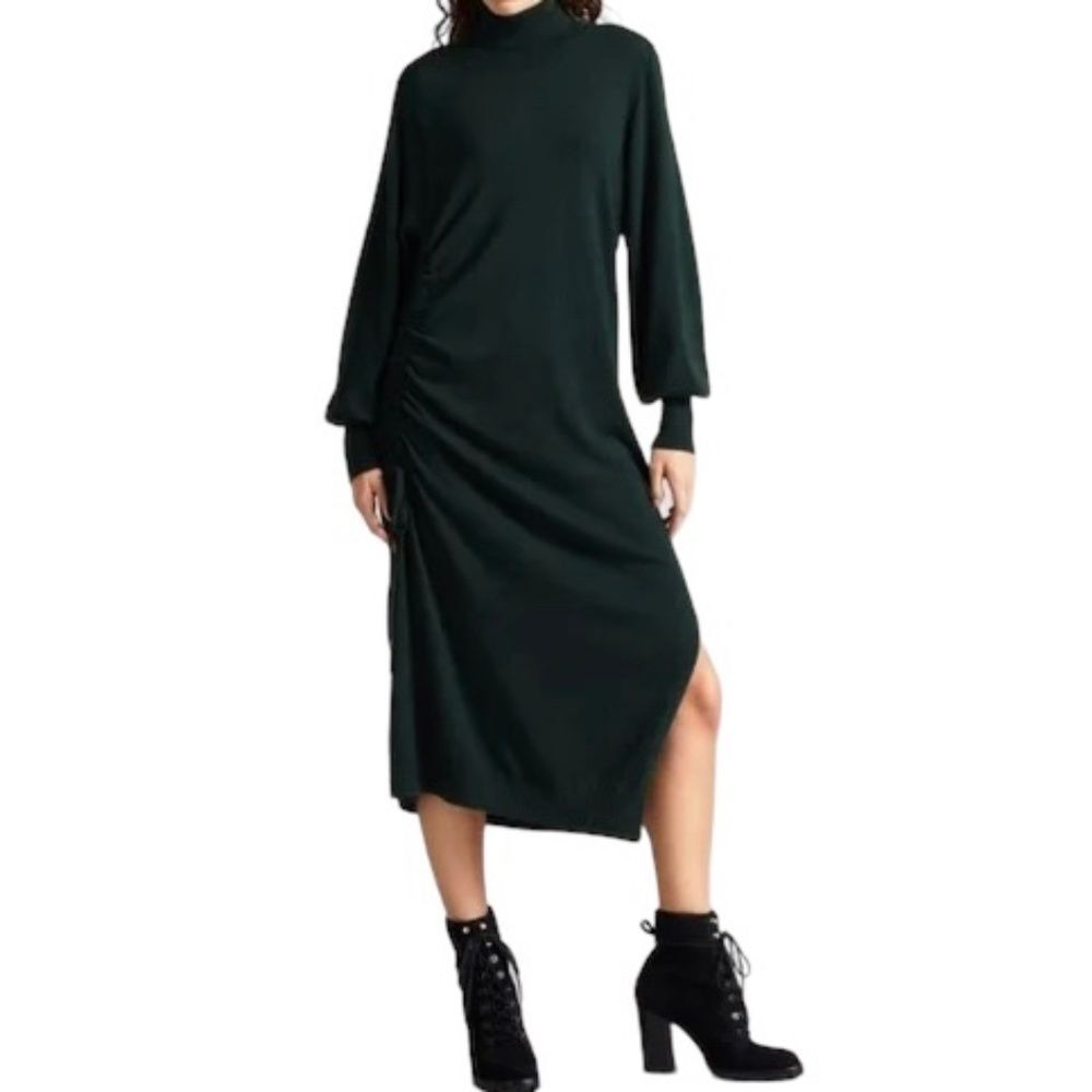 Ted Baker Aavvaa Ruched Knit Midi Dress Forest Green Balloon Sleeve US 14 Sz 6